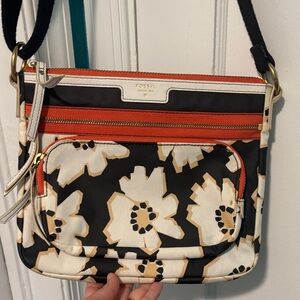 Fossil Black and Cream Floral Crossbody Bag with Orange Accents